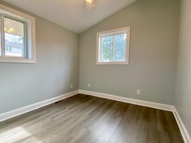 empty room with lofted ceiling, ceiling fan, and wood-type flooring