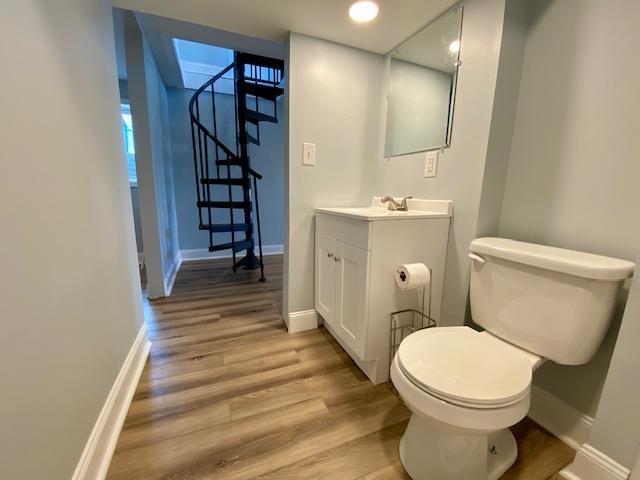 bathroom featuring hardwood / wood-style flooring, vanity, and toilet