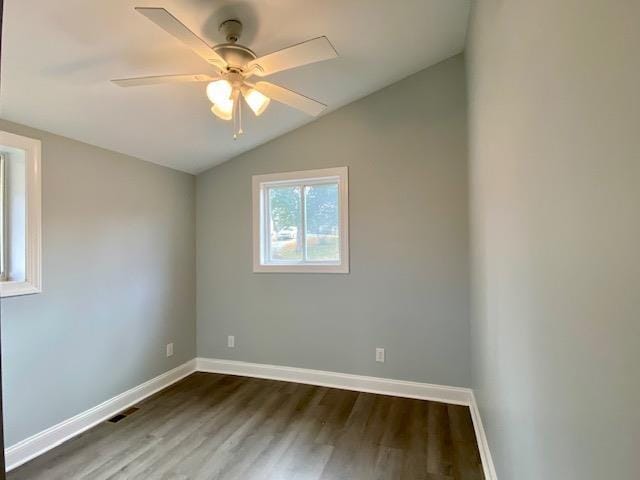 unfurnished room featuring ceiling fan, lofted ceiling, and wood-type flooring