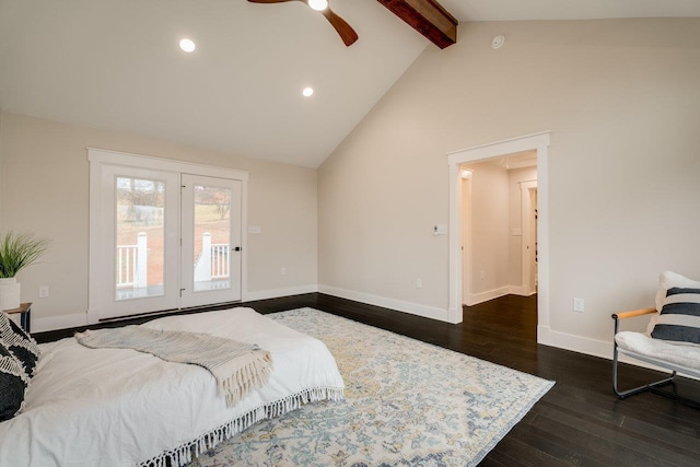 bedroom featuring ceiling fan, access to exterior, beam ceiling, high vaulted ceiling, and dark hardwood / wood-style flooring