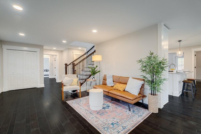 living room with dark hardwood / wood-style floors