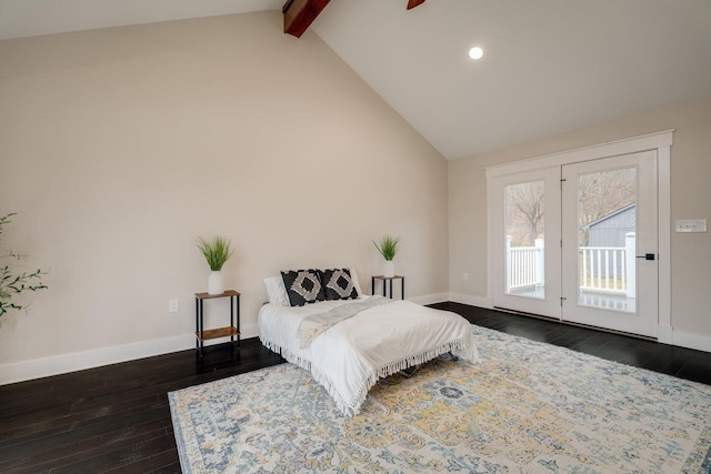 bedroom with dark hardwood / wood-style flooring, access to exterior, high vaulted ceiling, and beamed ceiling