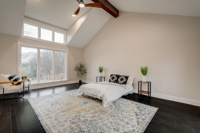 bedroom featuring beamed ceiling, high vaulted ceiling, and dark wood-type flooring