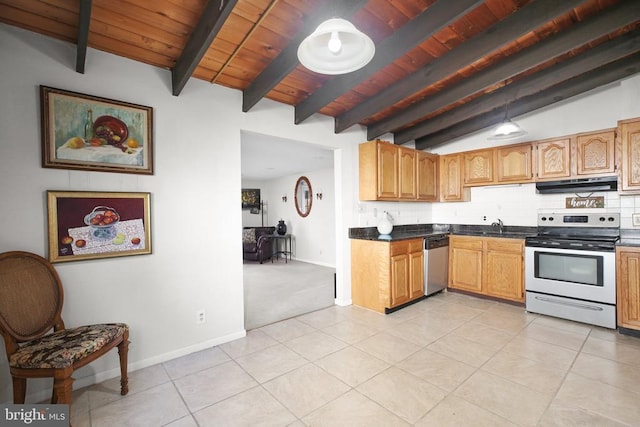 kitchen featuring sink, vaulted ceiling with beams, wooden ceiling, appliances with stainless steel finishes, and decorative backsplash