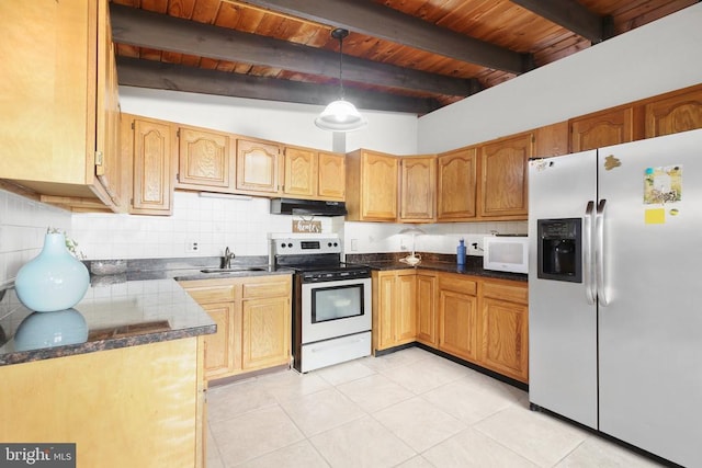 kitchen featuring appliances with stainless steel finishes, sink, decorative backsplash, hanging light fixtures, and wood ceiling