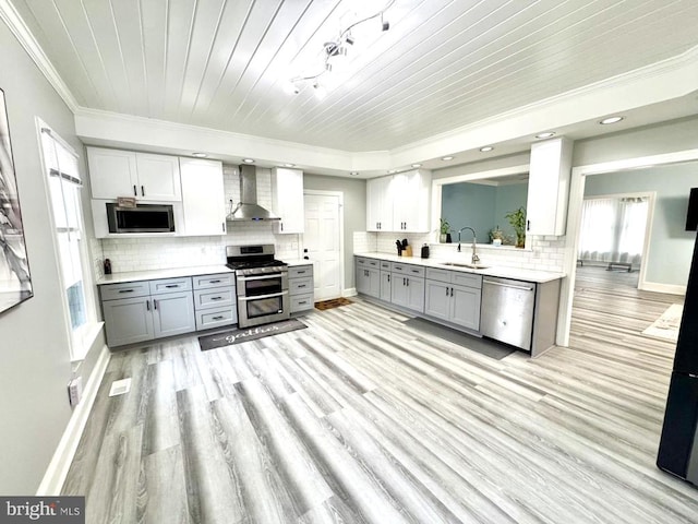 kitchen with appliances with stainless steel finishes, gray cabinetry, wall chimney range hood, and sink