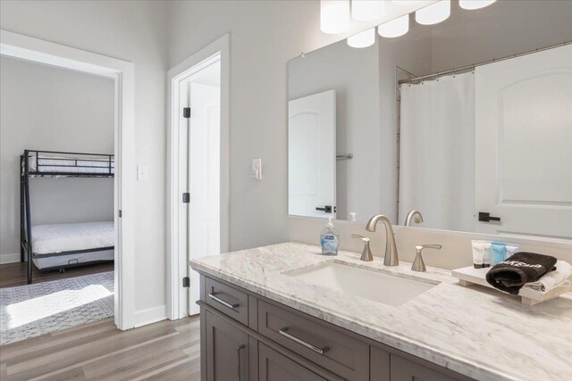 bathroom with hardwood / wood-style flooring and vanity