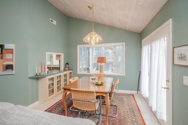 tiled dining space featuring wooden ceiling, a healthy amount of sunlight, vaulted ceiling, and a notable chandelier