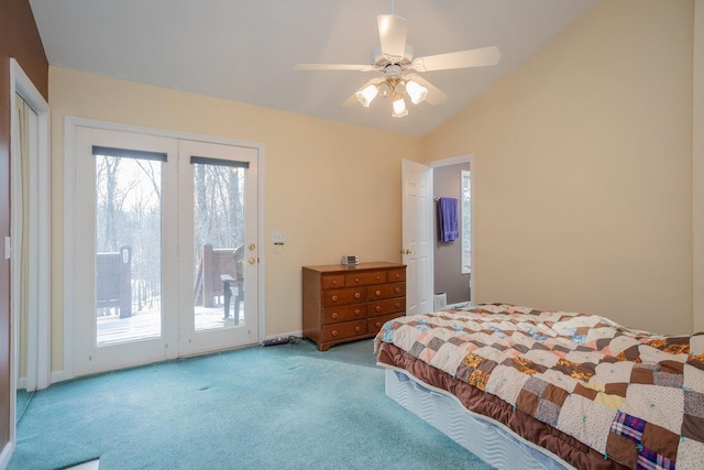 carpeted bedroom with ceiling fan, lofted ceiling, multiple windows, and access to outside