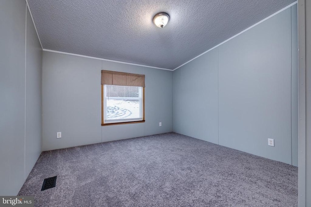 carpeted empty room featuring crown molding and a textured ceiling