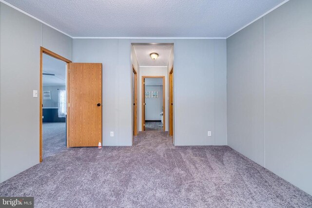 carpeted spare room featuring ornamental molding and a textured ceiling