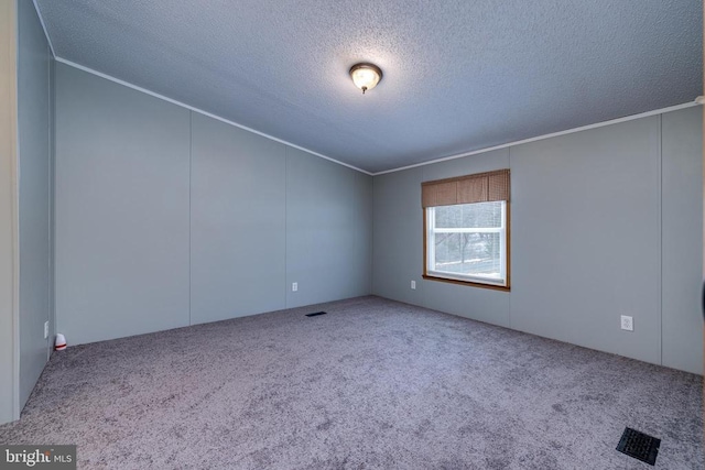 carpeted empty room with crown molding and a textured ceiling