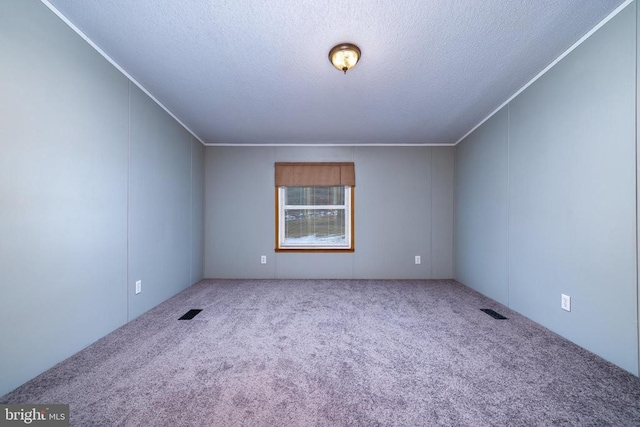 carpeted empty room with ornamental molding and a textured ceiling