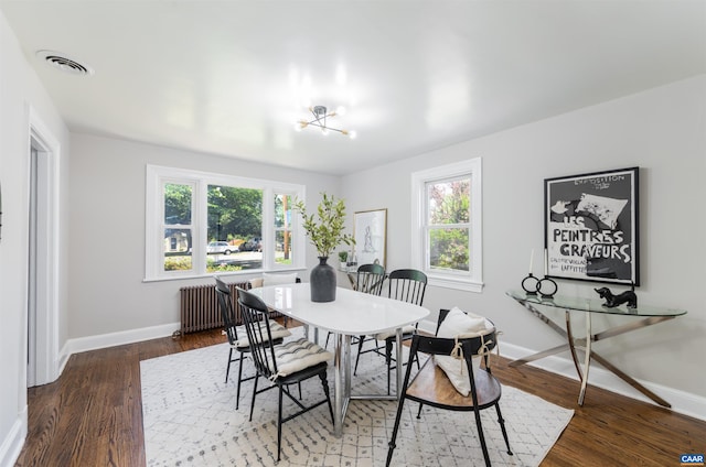 dining room featuring radiator heating unit and dark wood-type flooring