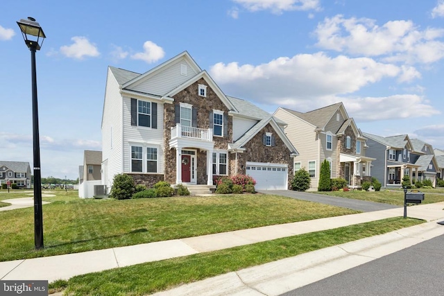 view of front of property featuring central AC, a residential view, stone siding, and driveway