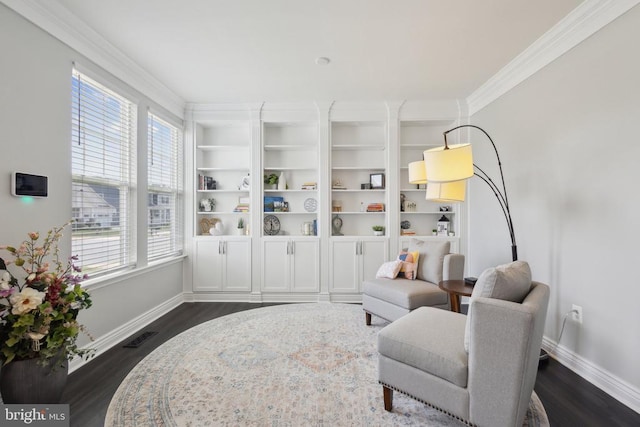 living area featuring crown molding, visible vents, baseboards, and dark wood-style floors