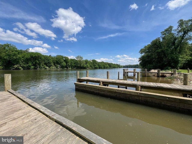 dock area with a forest view and a water view