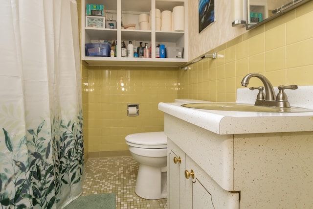 bathroom with walk in shower, toilet, tile patterned flooring, and tile walls