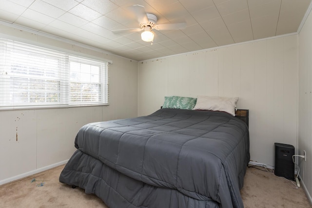 bedroom with light colored carpet and ceiling fan