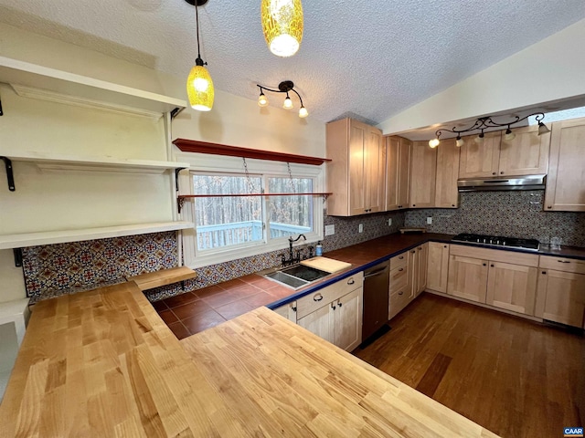 kitchen featuring decorative light fixtures, stainless steel appliances, a sink, butcher block countertops, and under cabinet range hood