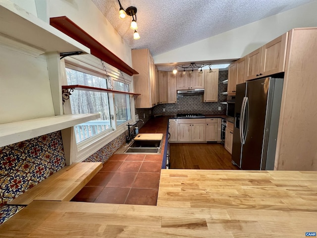 kitchen featuring under cabinet range hood, a sink, vaulted ceiling, appliances with stainless steel finishes, and light brown cabinetry