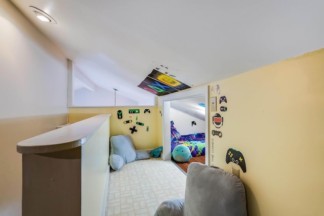 bedroom featuring vaulted ceiling