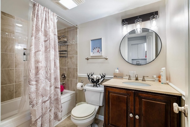 full bathroom featuring shower / bath combo, vanity, and toilet