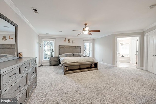 bedroom with light carpet, multiple windows, and visible vents