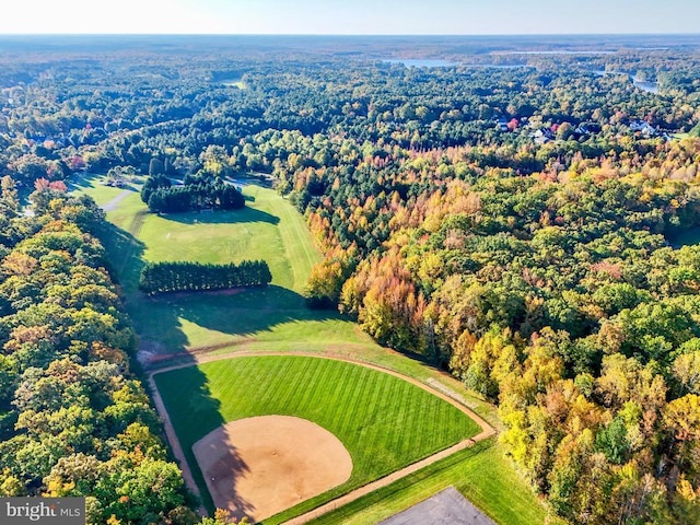 birds eye view of property featuring a forest view