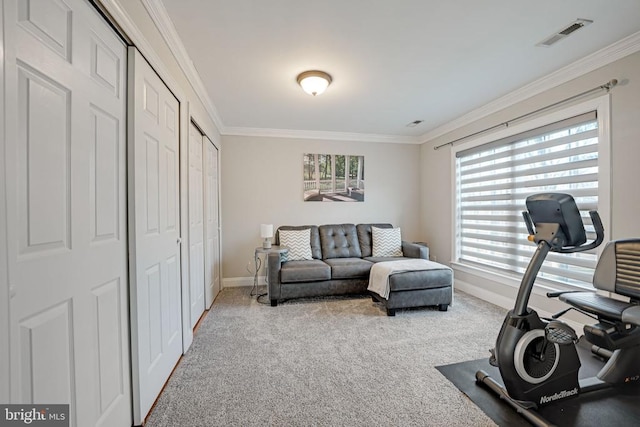 workout room featuring ornamental molding, carpet, visible vents, and baseboards