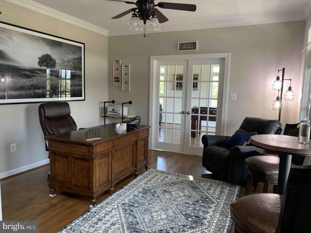 office area with crown molding, dark wood-type flooring, ceiling fan, and french doors