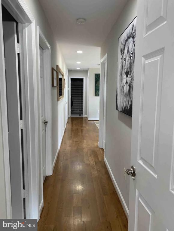 hallway with dark hardwood / wood-style flooring