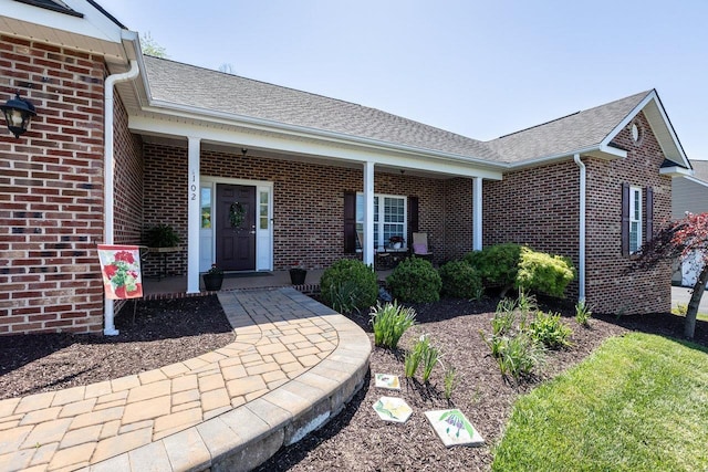 property entrance featuring a shingled roof, a porch, and brick siding