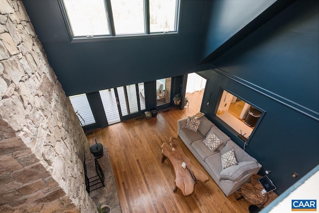 living area featuring a towering ceiling and wood finished floors