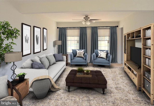 living room with ceiling fan and light colored carpet