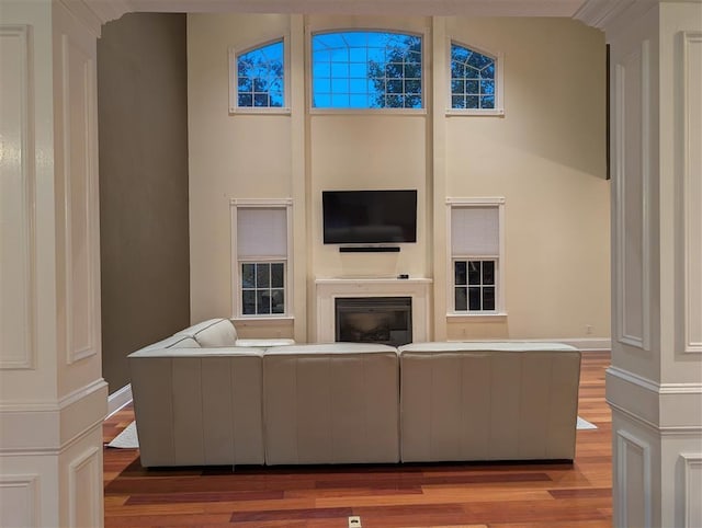 living room featuring wood-type flooring and a high ceiling