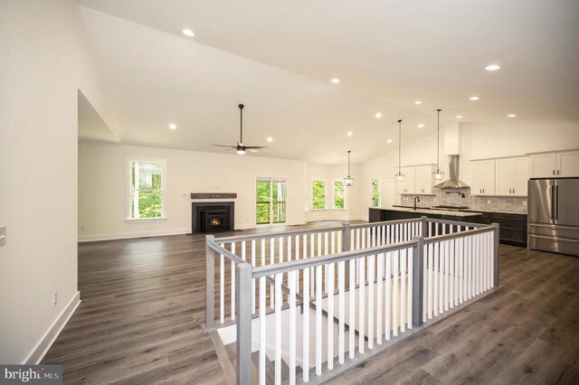 interior space with dark hardwood / wood-style floors, high vaulted ceiling, and a wealth of natural light