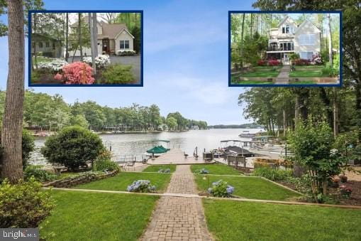 view of sport court featuring a water view and a yard