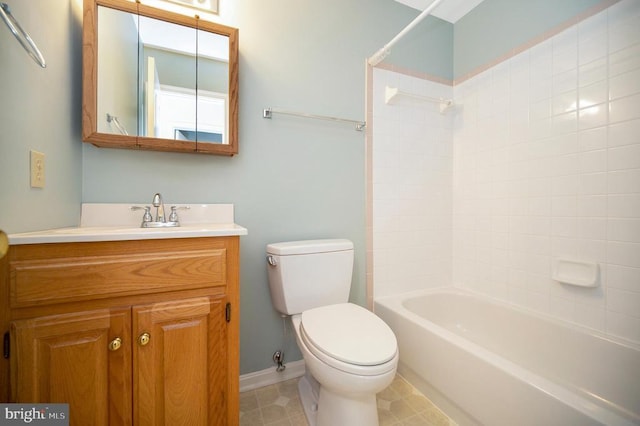 full bathroom with toilet, vanity, baseboards, shower / bathing tub combination, and tile patterned floors