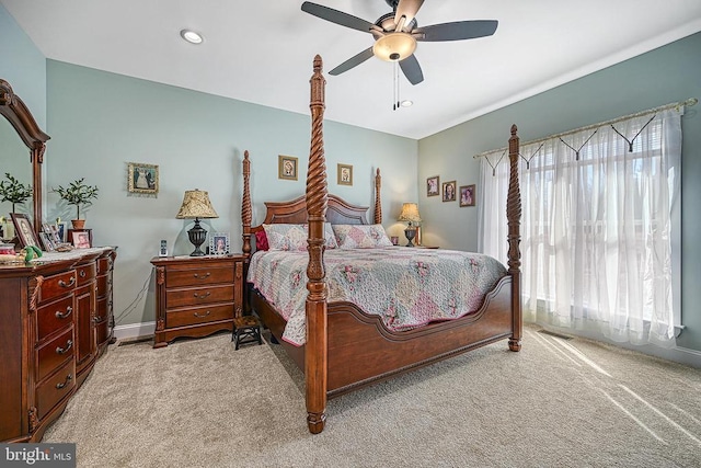 bedroom featuring visible vents, recessed lighting, baseboards, light colored carpet, and ceiling fan