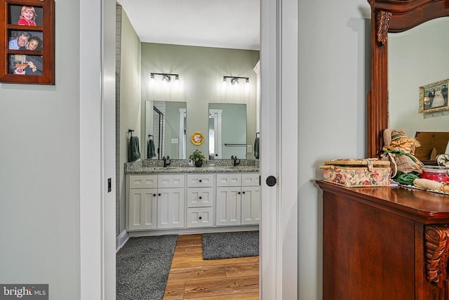 full bathroom with a sink, wood finished floors, and double vanity