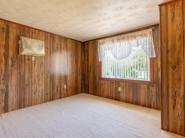 carpeted spare room featuring wooden walls and a textured ceiling