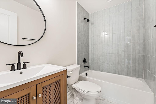 full bathroom with vanity, shower / bathing tub combination, toilet, and marble finish floor