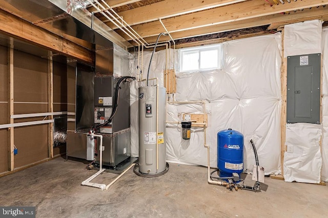 utility room featuring electric panel, heating unit, and water heater