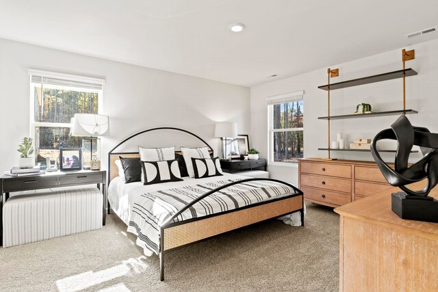 bedroom featuring multiple windows and light colored carpet