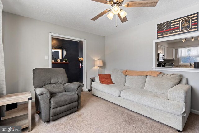 living area featuring ceiling fan, a textured ceiling, a toaster, and carpet flooring