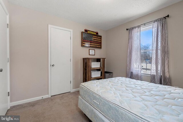 carpeted bedroom featuring a textured ceiling, multiple windows, and baseboards