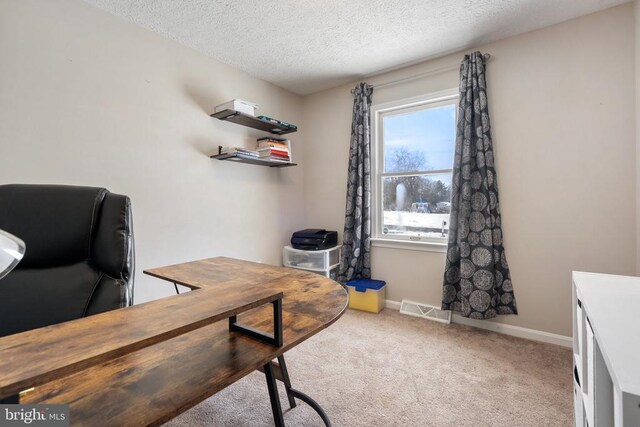 carpeted office with a textured ceiling, visible vents, and baseboards