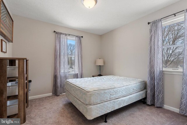 carpeted bedroom with a textured ceiling and baseboards