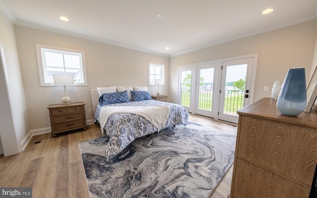 bedroom with recessed lighting, baseboards, access to exterior, ornamental molding, and light wood-type flooring